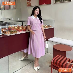Set BEMINE áo sơ mi đính cúc chân váy dáng chữ A phù hợp đi chơi-ST428