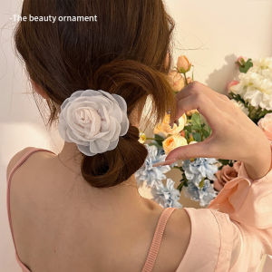 ริบบิ้นผมดอกกุหลาบสไตล์เกาหลีสำหรับผู้หญิง ริบบิ้นผมสไตล์หวาน ริบบิ้นผมผ้าตาข่าย ริบบิ้นผมหางม้าต่ำ ริบบิ้นผมลายดอกไม้