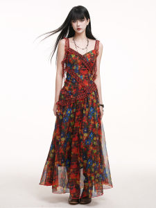 Ghosts Girl Summer Beautiful Red Floral Print Strap Long Dress Beach Vacation Elegant Maxi Skirt Gown V-neck A-line Silhouette
