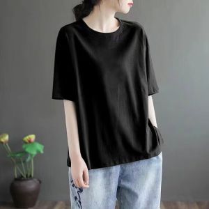 Loose Fit Pure Cotton Short Sleeve T-Shirt Artistic Versatile Womens Fashion Top Summer Wardrobe Essential round Neck Tee