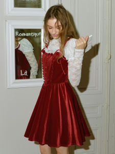 ชุดเดรสยาวผ้ากำมะหยี่สีแดงสไตล์ฝรั่งเศส ชุดปีใหม่ ชุดเดรสสายเดี่ยว ชุดวันคริสต์มาส ชุดทำงาน ชุดลำลอง สำหรับผู้หญิง