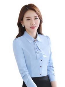 เสื้อเชิ้ตผู้หญิงแขนยาวทรงสลิมฟิต เสื้อทำงานผ้าชีฟองสีพื้น ทรงสุภาพ สง่างาม เสื้อผ้าทำงานฤดูใบไม้ผลิและฤดูร้อน