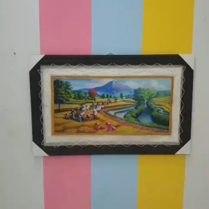Hiasan Dinding Lukisan Panen Raya/Padi Menguning Jumbo Sablon Asli Kulit KAmbing