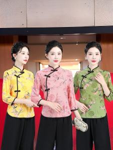 Revised Cheongsam Style Womens T-Shirt Button up Base Layer Fashionable Mommys Clothing Tang Costume Elegant Printed Top