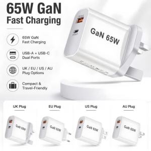 Sạc USB C GaN 65W Hai Cổng Sạc Nhanh Adapter Sạc Tường Cho iPhone Samsung Với Đầu Cắm EU/US/UK/AU Bộ Sạc Nguồn Type-C