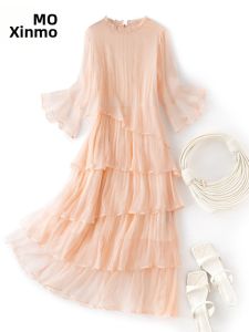 XMO | Flared Sleeves Slimming Silk Dress Round Collar Elegant Fairy Cake Style