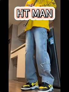 Y2k pants jeans for men trendy Straight trousers Korean style denim pants star pattern Button waist