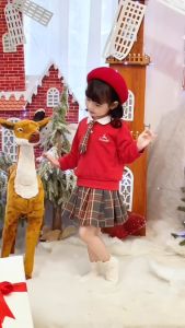 Set đồ áo dài tay và chân váy đi chơi noel chơi tết cho bé gái màu đỏ 1 đến 7 tuổi BERNIE 0824B20