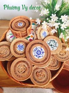 Lót ly mây lót cốc mây xiên kết hợp gốm sứ trang trí nhà hàng quán cafe quà lưu niệm ý nghĩa Phương Vy decor