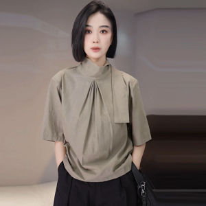 Womens Design Sense Pleated Shirt Stand Collar Tunic Top Korean Style Loose Fit Polyester Short Sleeve Summer Fashion