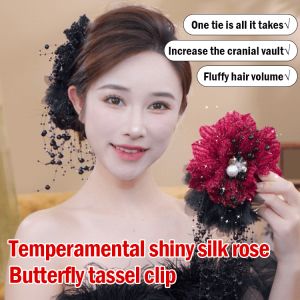 Elegant Shiny Silk Butterfly Rose Tassel Hair Claw Velvet Light Luxury Hair Claw Barrette Hair Accessories