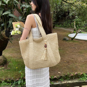 【Fashion Park】{New}🌺Hand-Woven Handbags Summer Top-Handle Bags Fashion Handmade Simple Large Capacity with Tassel Pendant Shopping Handbag Tote