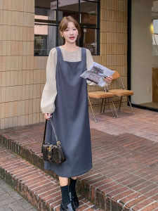 ชุดเดรสสไตล์เกาหลีหรูหราสำหรับผู้หญิง ชุดกระโปรงสายเดี่ยว ชุดทำงานฤดูใบไม้ร่วง 2025 ชุดกระโปรงยาวคลุมเข่า แขนยาว คอตั้ง