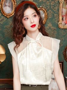 New Chinese Style Stand Collar Buckle Cheongsam Top Flying Sleeves Loose Slim Looking Print Undershirt Shirt Summer Wear New Arrival