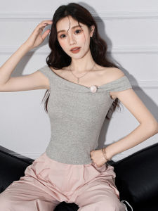 La Chapelle Grey 3D Flower Print One-Shoulder Short-Sleeve Slim Fit Womens T-Shirt Summer New Style Waist-Cinching Top