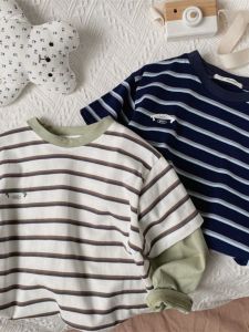 เสื้อยืดผ้าฝ้ายลายทางสําหรับเด็กผู้ชายหลวมพอดีแขนยาวสไตล์ลําลองเหมาะสําหรับฤดูใบไม้ผลิและฤดูใบไม้ร่วงอายุ 12 เดือนถึง 10 ปี