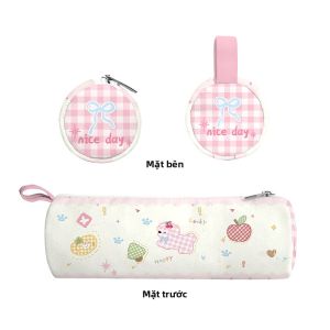 Hộp đựng bút AOSONG vải canvas tuổi thơ màu hồng cho bé gái