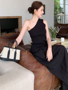 YUEZHONGWEI | Áo len dệt kim ôm vừa vặn màu đen kiểu Pháp hở vai mùa hè cho nữ Áo khoác ngoài không tay thời trang thường ngày