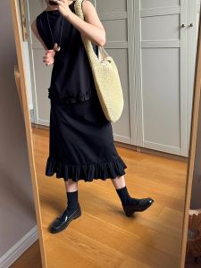 Váy Chữ a Màu Đen Cổ Điển Kiểu Pháp Thời Trang Thu Đông Váy Midi Cạp Cao Co Giãn Cho Nữ