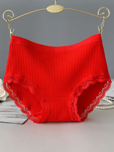 YUQINGYUN | กางเกงชั้นในสตรีสีแดงสดคอตตอน ทรงสามเหลี่ยม ทรงเอวกลาง ทรงเอวสูง กางเกงชั้นในผ้าฝ้ายแท้สำหรับเด็กผู้หญิง กางเกงชั้นในสตรี