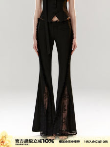 กางเกงขายาวทรงหลวมเอวสูงสไตล์มังกรสีดำพร้อมขอบลูกไม้ ทรงหลวม สไตล์เกาหลี ทรงหลวม กางเกงขายาวลำลอง