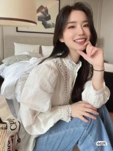 Bash Artistic French Style Long Sleeve White Lace Hollow out Shirt Casual Loose Fit Cotton Blend round Neck Mid-Length Shirt