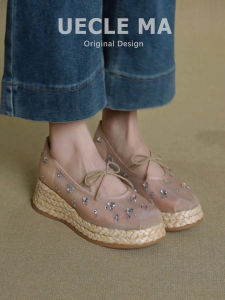 MASHUJIA | Lace Leather French Bow Crystal Embellished Mary Jane Vintage Style Wedge Heel Sandals