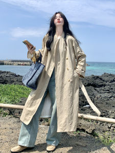 Khaki Green Long Simple Style Womens Coat 2025 Autumn New Casual Style Outerwear Korean Version Loose Fit with Pockets