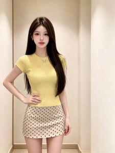 PEIXI | Yellow Round Neck Silk-like Anti-Aging Short Style T-Shirt