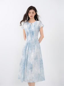 OBEG European Style Printed Long Dress Womens Summer New Transparent Gradient Color Short Sleeve round Neck Commute Dress