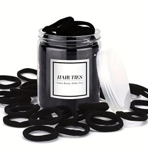 50pcs Seamless Black Jersey Hair Ties Cute Solid Color Ponytail Holders No Damage Elastic Bands for Thick Heavy & Curly Hair