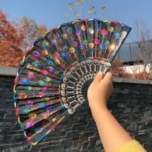 Quạt Xếp Quạt Gấp Phối Kim Sa Họa Tiết Đuôi Công Dạ Tiệc