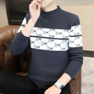 HENGYUANXIANG | เสื้อสเวตเตอร์ถักหนาสำหรับผู้ชาย เสื้อเชิ้ตพื้นฐานลำลอง ลายทาง ทรงหลวม สไตล์ฤดูใบไม้ร่วง/ฤดูหนาว 2024