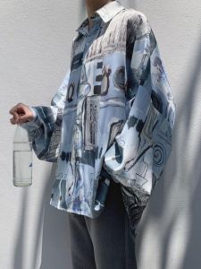 เสื้อเชิ้ตแขนยาวทรงหลวมสบาย ๆ สำหรับผู้ชาย ดีไซน์ลายดาวเคราะห์ในอวกาศ สไตล์ฮ่องกง เสื้อเชิ้ตคอกลมแขนยาวลายดอกไม้