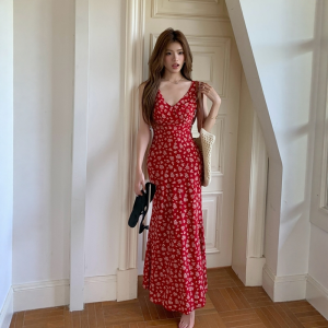 VKSOD | Summer Floral Print V-neck Red Dress Womens Slimming Wrap Bodycon Long Fish Tail Dress High Waist A-line Korean Style