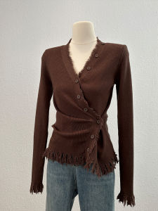 Retro Long Sleeve Knitted Open Cardigan Womens Autumn New V-neck Frayed Shoulder Pad Waist-cinching Versatile Base Shirt