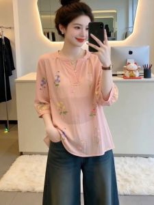 AIYITI | Cultural Style Pink Embroidered Three Quarter Sleeve Inclusive Shirt