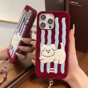 💗Internet celebrity trend+In stock+COD Red Collar Blue Stripe Embroidery Little White Dog 16Promax Phone Case iPhone 15 New 14 Niche 13/12/11
