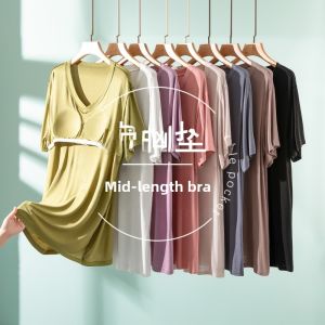 Modal Womens T-shirt with Chest Pad Summer Thin Short Sleeve Mid-Length Outerwear V-Neck Commute Style Base Shirt