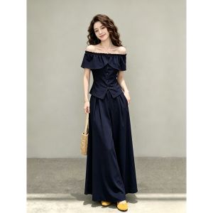 Stylish High-End One-Shoulder Blue Top and Wide-Leg Pants Suit