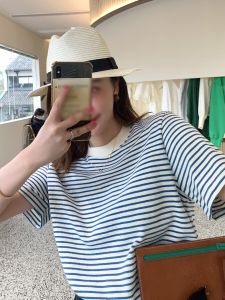 Summer Stripe Cotton T-Shirt Womens Design Sensation Youthful Ageless Short Sleeve Pure Cotton Trendy Korean Style round Neck