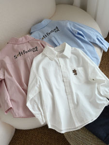 Class a Childrens Embroidered Bear Shirt Simple Cotton Autumn Loose Outerwear Boys Girls Long Sleeve Casual Comfortable