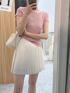 White A-Line Pleated Skirt Elastic Waist Anti-Wrinkle Summer Autumn Fine Pleats Slimming Short Skirt Accordion Half-length Skirt