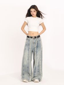 Biggold American Style Fringed Wide Leg Jeans Women Loose Long Trousers Trendy Bell Bottom Denim Pants Blue Natural Waist