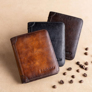 BANYANU 100% Cow Genuine Leather Wallet Original Men Short Trifold Purse Anti RFID Card Holder Wallet for Men