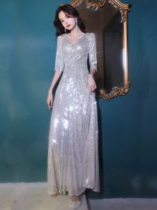 Elegant Silver Sequin Evening Dress Long Chorus Performance Womens Dress Luxury Summer Ball Gown High Waist A-Line Skirt
