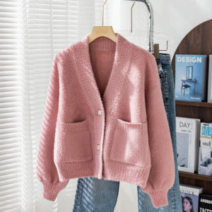 เสื้อคาร์ดิแกนถักแบบสวมแขนยาวแบบหนาปานกลางสำหรับผู้หญิง แขนกระดิ่ง คอกลม ทรงหลวม ปกติ ฤดูหนาว 2023