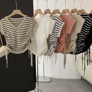 （CLE）Alisa.Sonya Womens Short Sleeves Lightweight V-neck Cotton Knit Sweater Tops Casual Pullover Breathable Summer Striped T Shirts