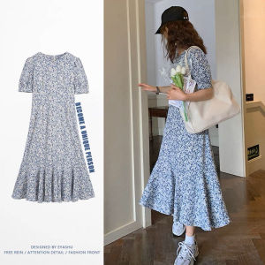 Korean Women Blue Floral Dress Short Sleeve V Neck Long Dress For Women