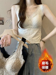 Plus Size Womens Autumn and Winter Fleece-lined Heattech Base Lace Vest Underwear Padded Backless Bra Integrated Suspenders